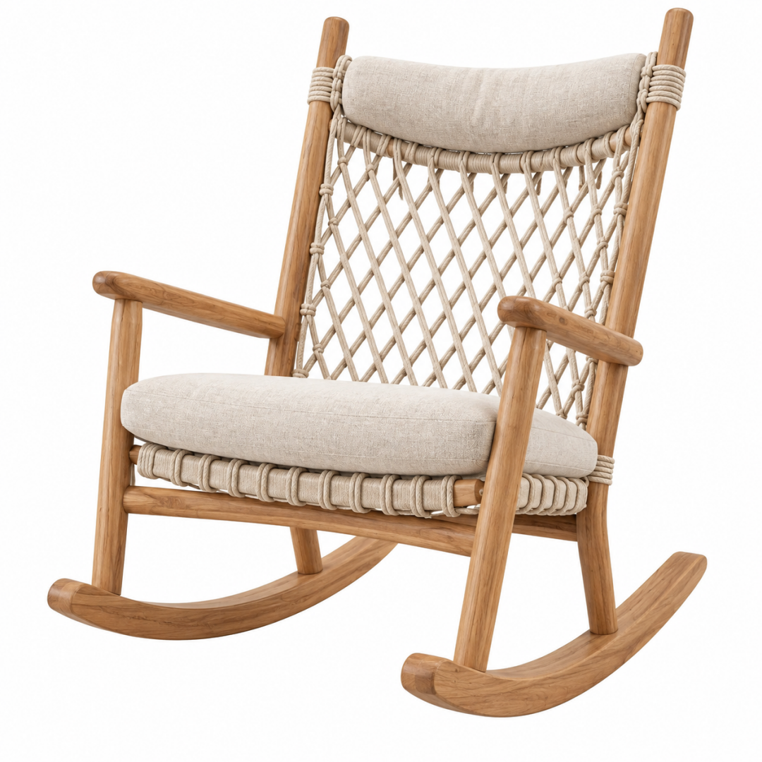 Schaukelstuhl 70 x 95 x 110 cm aus Holz in Naturbeige mit Seilgeflecht und Polsterung im Boho-Stil