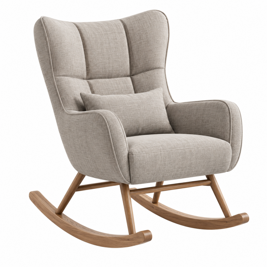 Schaukelstuhl 82 x 92 x 105 cm aus Stoff und Holz in Beige mit hoher Rückenlehne