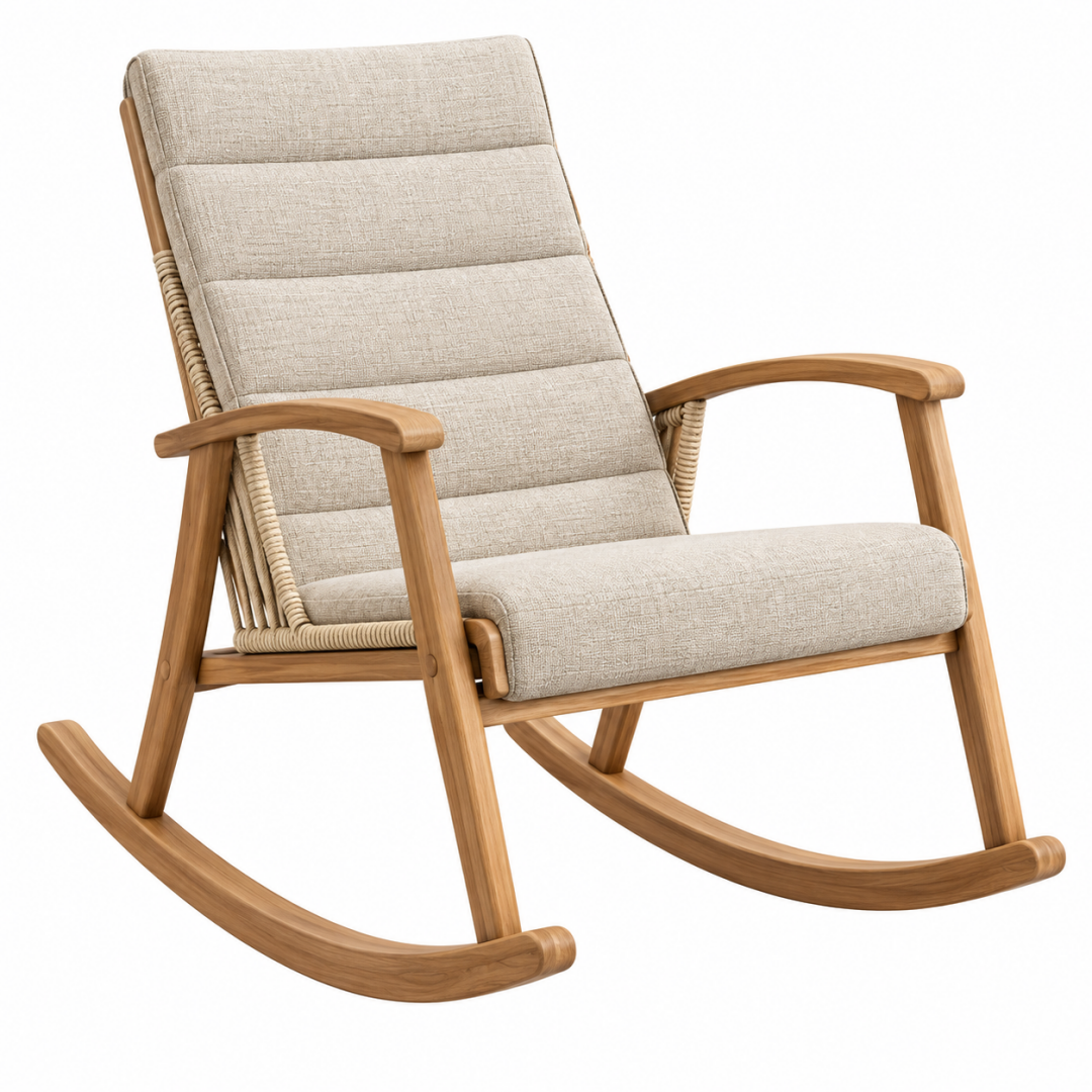 Schaukelstuhl 100 x 70 x 105 cm aus Holz in Naturbraun mit beigefarbener Textilpolsterung - Relaxsessel im Skandi-Stil