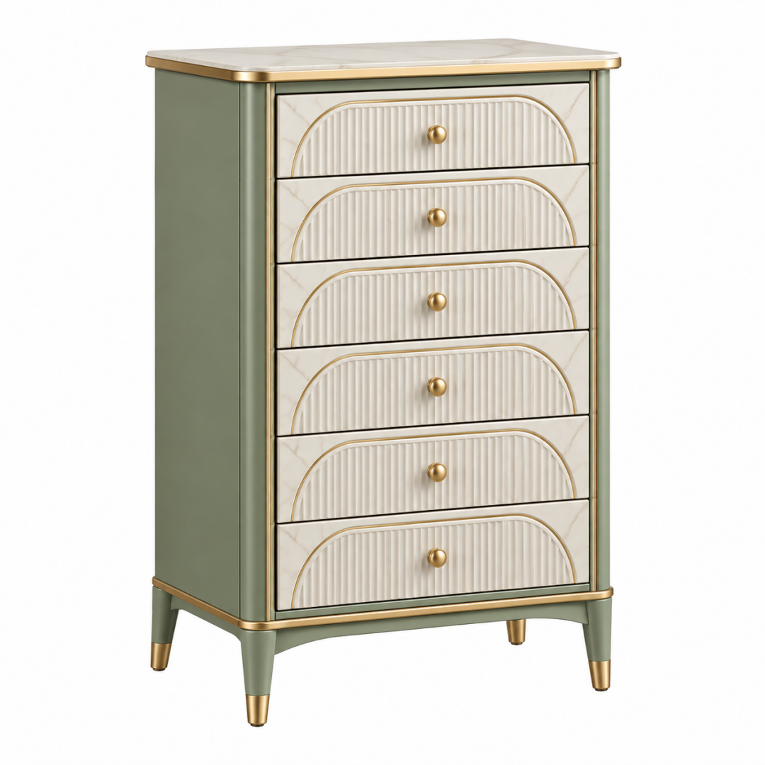 Kommode 80 x 40 x 120 cm aus Holzwerkstoff Grün Creme mit 6 Schubladen geriffelter Front