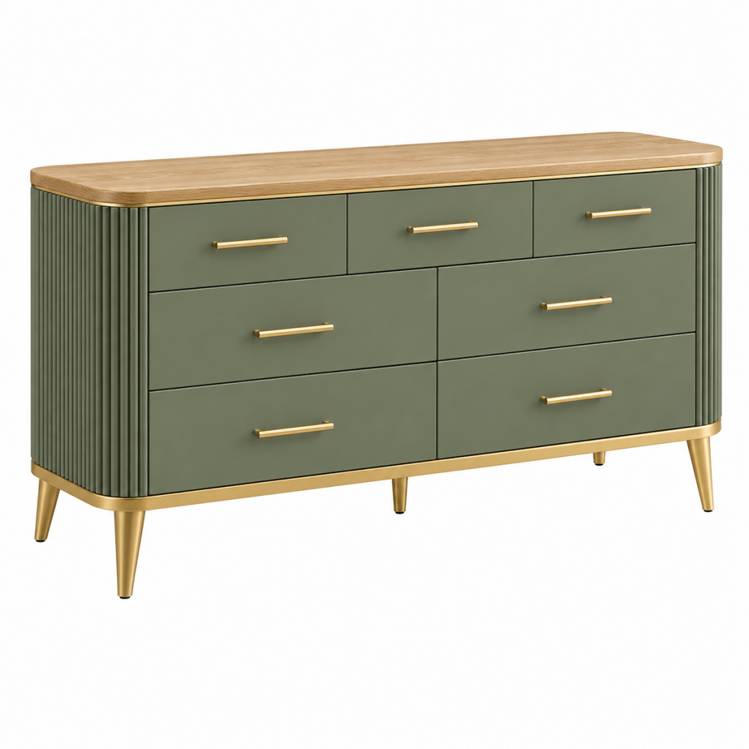 Kommode 160 x 45 x 90 cm Grün Holzwerkstoff mit Holzoptik und 7 Schubladen Modern