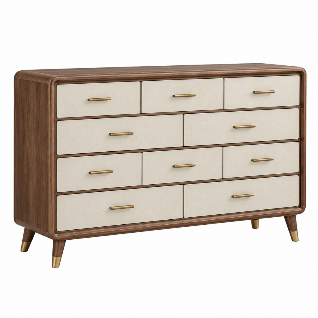Kommode 160 x 45 x 90 cm Holz Beige Walnussoptik mit 10 Schubladen im Mid-Century-Stil