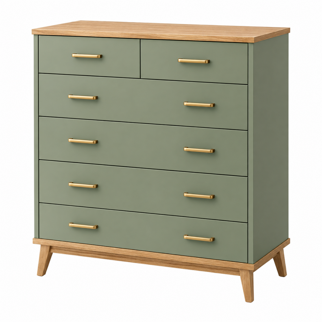 Kommode 100 cm Holzwerkstoff Salbeigrün mit 6 Schubladen im Mid-Century-Stil