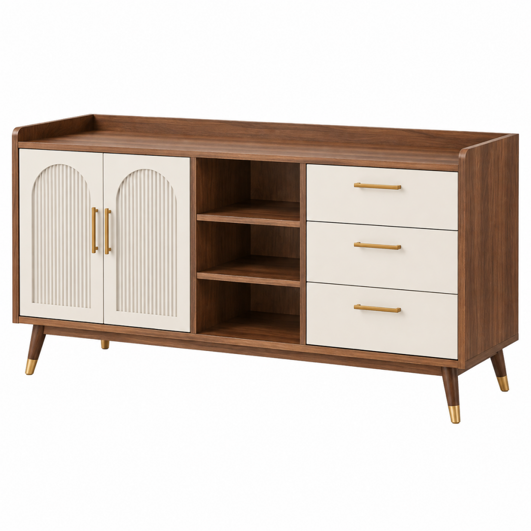 Sideboard 160 cm Holzoptik Braun Weiß mit Schubladen Türen und offenen Fächern im Mid-Century-Stil