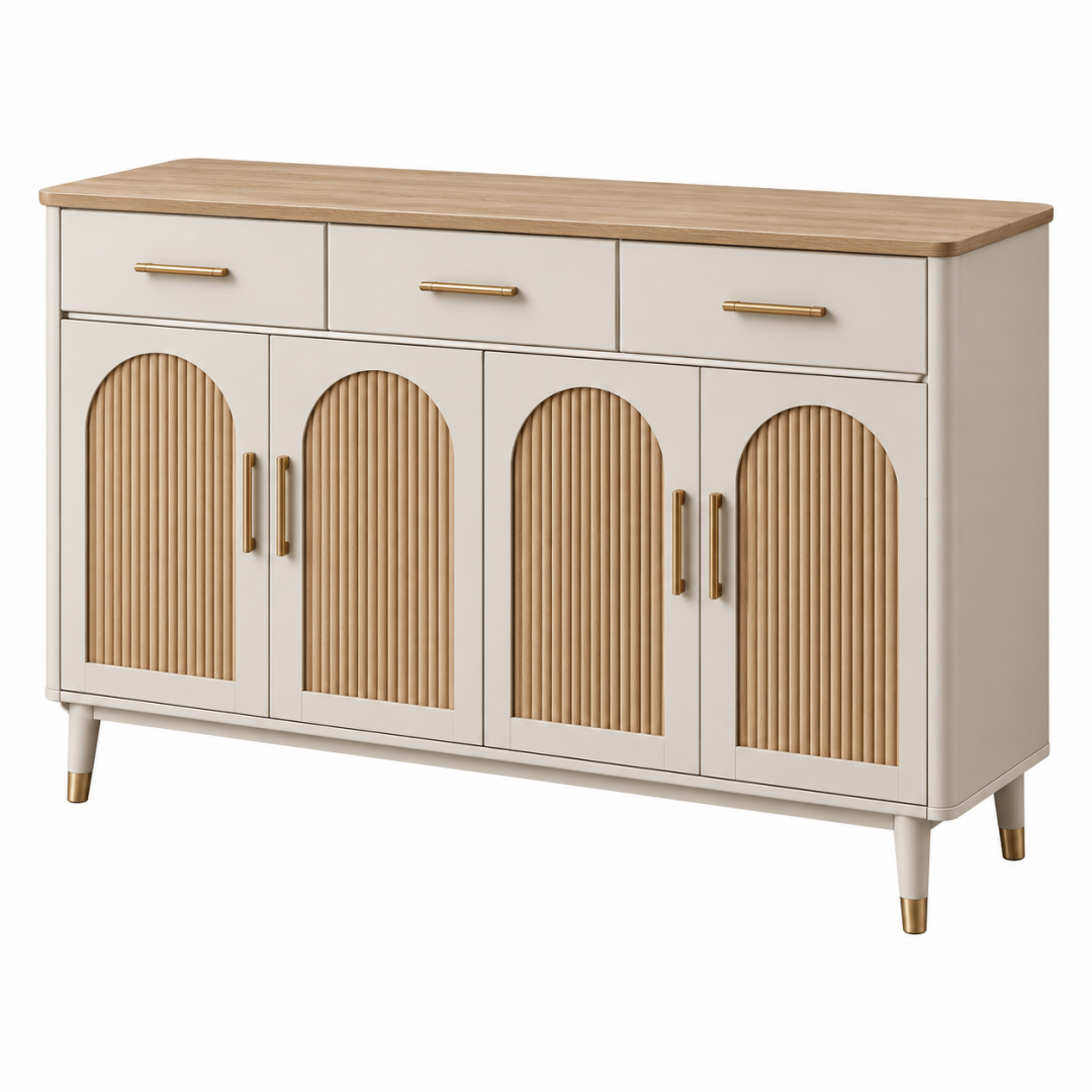 Sideboard 160 x 40 x 85 cm in Beige und Naturholz mit geriffelter Front im Retro-Stil