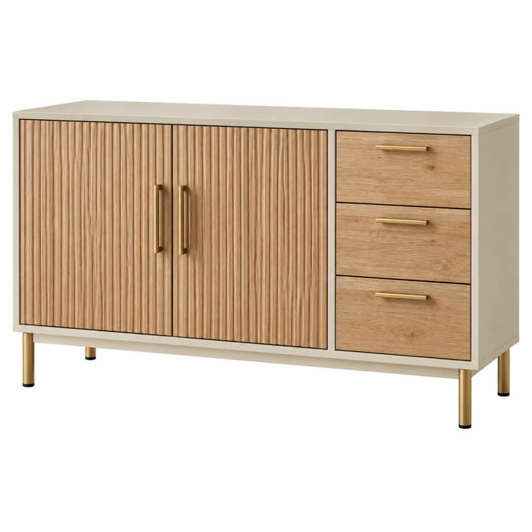 Sideboard 120 x 40 x 80 cm in Beige und Naturholz mit Lamellentüren und Schubladen