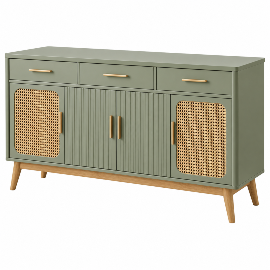 Sideboard 160 x 40 x 80 cm aus Holzwerkstoff Olivgrün Natur mit Rattangeflecht im Retro-Stil