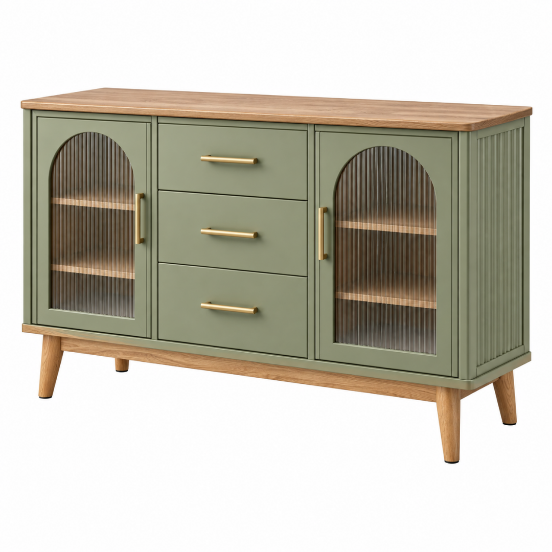 Sideboard 160 cm Holz Grün mit geriffeltem Glas und 3 Schubladen