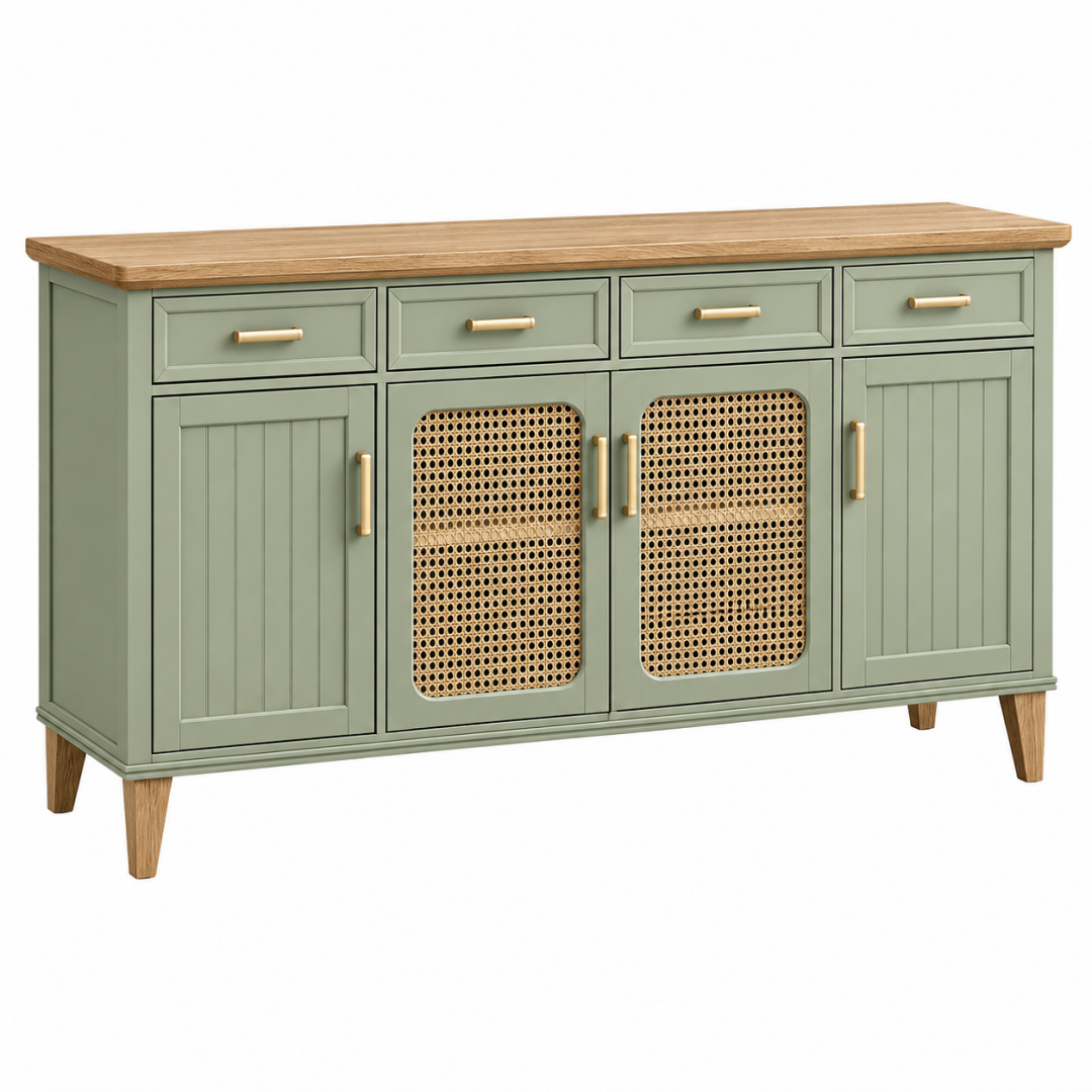 Sideboard 180 x 45 x 90 cm Holz Rattan Grün Landhausstil mit 4 Türen