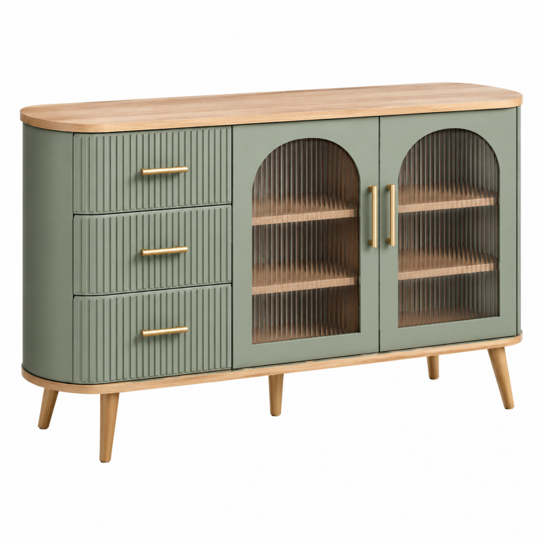 Sideboard 140 x 40 x 80 cm in Salbeigrün mit Holzoptik und Glastüren im Retro-Stil
