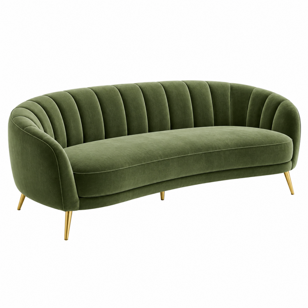 Samtsofa 180 cm olivgrün mit Metallfüßen im Retro-Stil