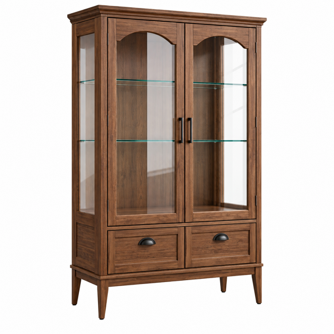 Vitrine 100 x 45 x 190 cm aus Holz in Walnussbraun mit Glastüren im Landhausstil