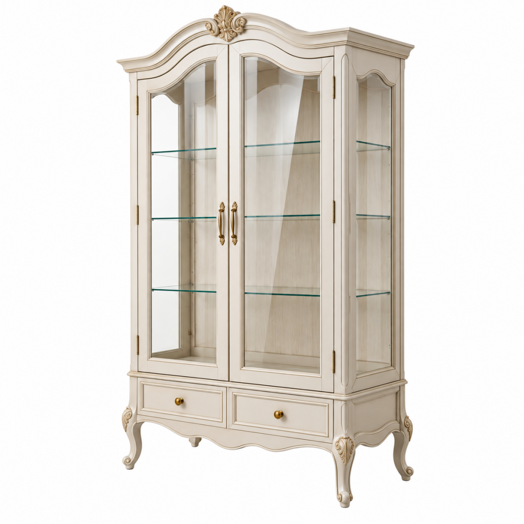 Vitrine 100 x 45 x 190 cm Holz Glas Cremeweiß Klassisch mit 2 Türen und Schubladen